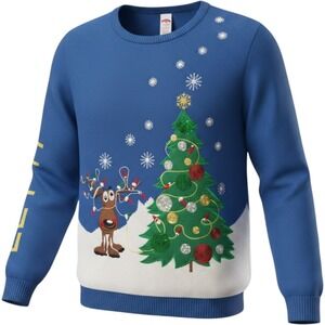 Holiday Time Let It Glow Light Up Christmas Sweater Blue Reindeer Tree XXL 20
